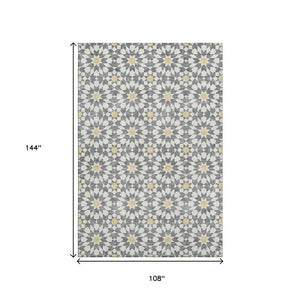 HomeRoots 9' X 12' Gray Ivory and Gold Geometric Area Rug - Washable, UV Protected, Modern Design for Homes 662018