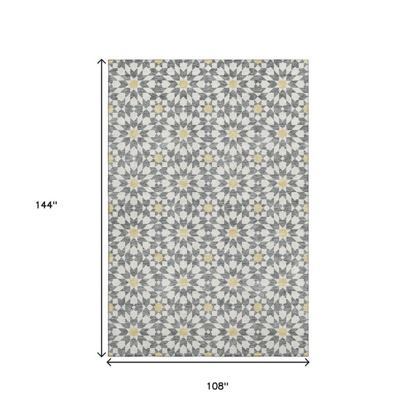 HomeRoots 9' X 12' Gray Ivory and Gold Geometric Area Rug - Washable, UV Protected, Modern Design for Homes 662018