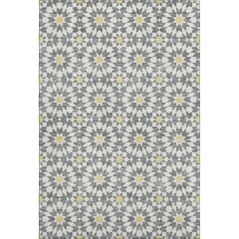 HomeRoots 9' X 12' Gray Ivory and Gold Geometric Area Rug - Washable, UV Protected, Modern Design for Homes 662018