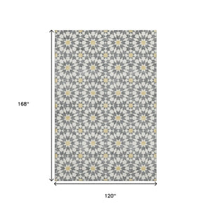 HomeRoots 10' Geometric Washable Area Rug in Gray, Ivory & Gold - UV Protected, Stain Resistant, Durable Design 662019
