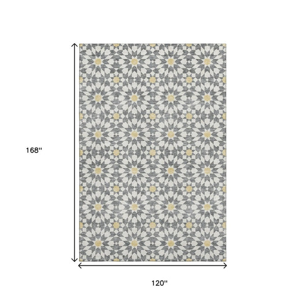 HomeRoots 10' Geometric Washable Area Rug in Gray, Ivory & Gold - UV Protected, Stain Resistant, Durable Design 662019
