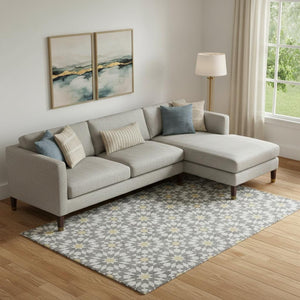 HomeRoots 10' Geometric Washable Area Rug in Gray, Ivory & Gold - UV Protected, Stain Resistant, Durable Design 662019