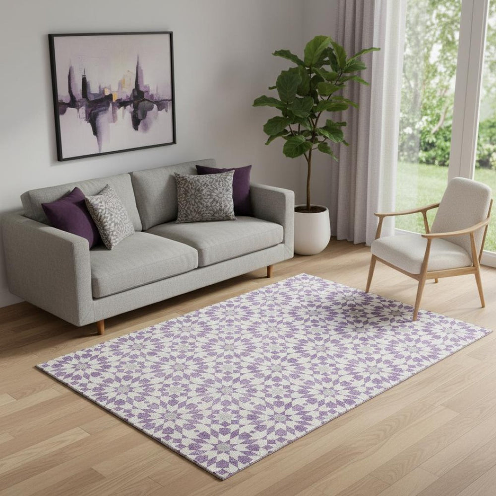 HomeRoots 5' X 8' Modern Lavender and Ivory Geometric Washable Area Rug with UV Protection for Homes 662027