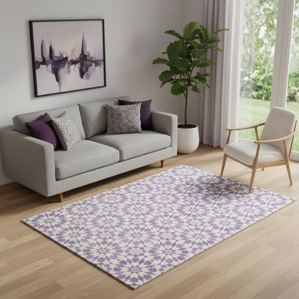 HomeRoots 5' X 8' Modern Lavender and Ivory Geometric Washable Area Rug with UV Protection for Homes 662027
