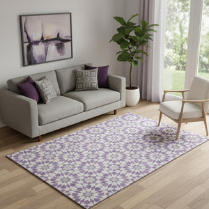 HomeRoots 5' X 8' Modern Lavender and Ivory Geometric Washable Area Rug with UV Protection for Homes 662027