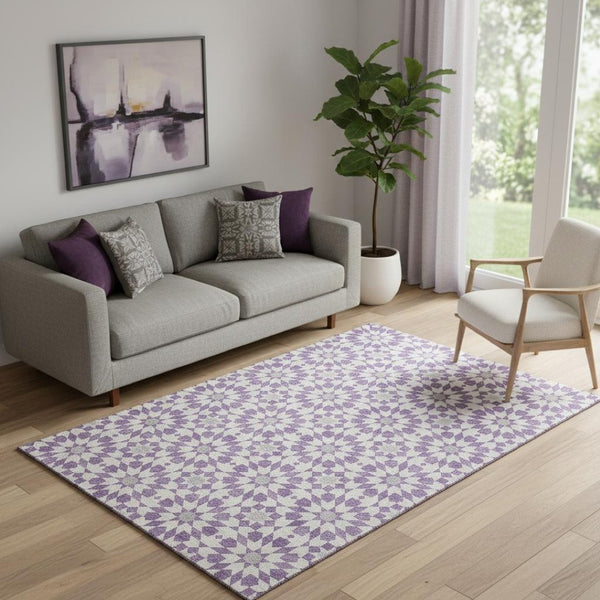 HomeRoots 5' X 8' Modern Lavender and Ivory Geometric Washable Area Rug with UV Protection for Homes 662027
