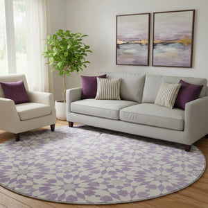 HomeRoots 8' Stylish Lavender & Ivory Geometric Round Rug - Washable, UV Protected, Pet-Friendly Home Decor 662028