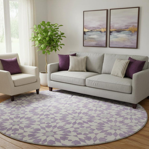 HomeRoots 8' Stylish Lavender & Ivory Geometric Round Rug - Washable, UV Protected, Pet-Friendly Home Decor 662028