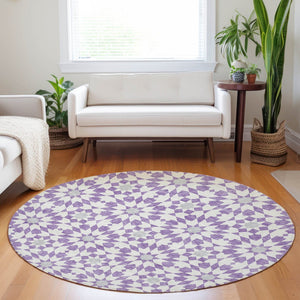 HomeRoots 8' Stylish Lavender & Ivory Geometric Round Rug - Washable, UV Protected, Pet-Friendly Home Decor 662028