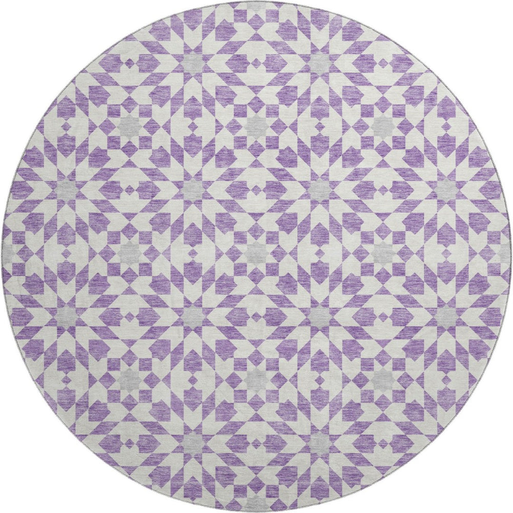 HomeRoots 8' Stylish Lavender & Ivory Geometric Round Rug - Washable, UV Protected, Pet-Friendly Home Decor 662028