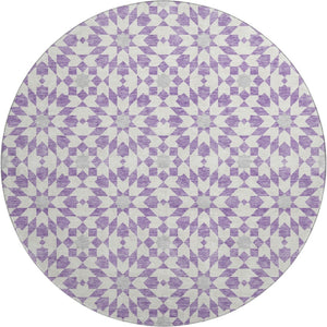 HomeRoots 8' Stylish Lavender & Ivory Geometric Round Rug - Washable, UV Protected, Pet-Friendly Home Decor 662028
