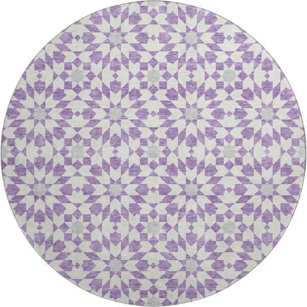 HomeRoots 8' Stylish Lavender & Ivory Geometric Round Rug - Washable, UV Protected, Pet-Friendly Home Decor 662028