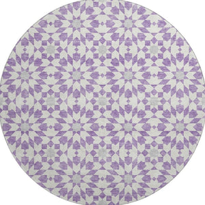 HomeRoots 8' Stylish Lavender & Ivory Geometric Round Rug - Washable, UV Protected, Pet-Friendly Home Decor 662028