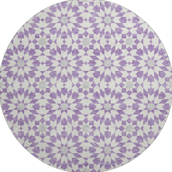 HomeRoots 8' Stylish Lavender & Ivory Geometric Round Rug - Washable, UV Protected, Pet-Friendly Home Decor 662028