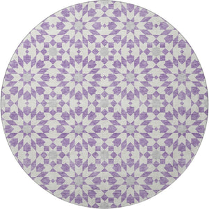 HomeRoots 8' Stylish Lavender & Ivory Geometric Round Rug - Washable, UV Protected, Pet-Friendly Home Decor 662028