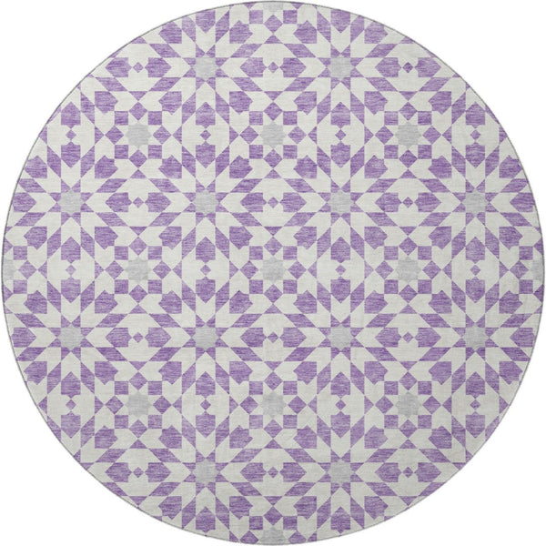 HomeRoots 8' Stylish Lavender & Ivory Geometric Round Rug - Washable, UV Protected, Pet-Friendly Home Decor 662028