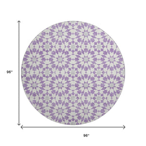 HomeRoots 8' Stylish Lavender & Ivory Geometric Round Rug - Washable, UV Protected, Pet-Friendly Home Decor 662028