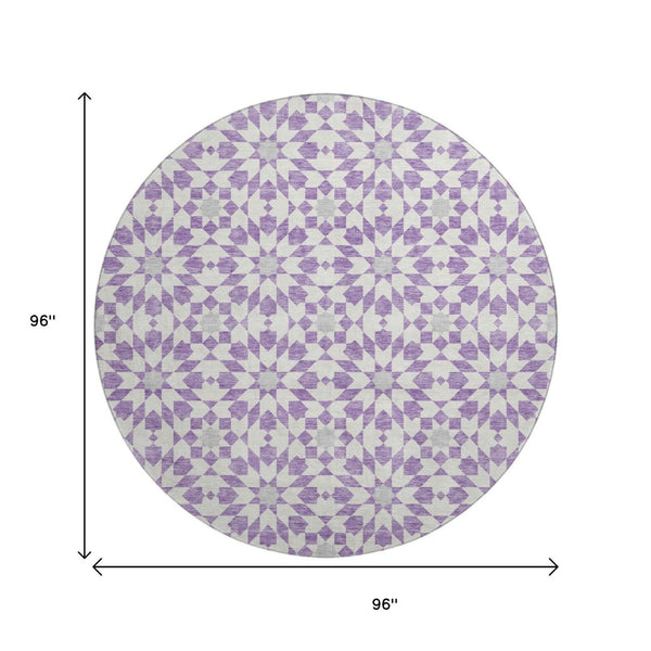HomeRoots 8' Stylish Lavender & Ivory Geometric Round Rug - Washable, UV Protected, Pet-Friendly Home Decor 662028