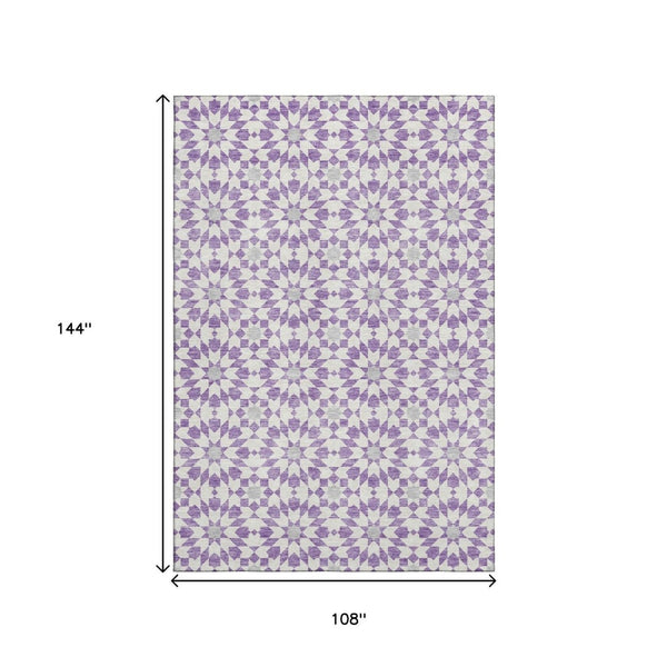 HomeRoots 9' X 12' Lavender Geometric Area Rug - Washable, UV Protected, Soft, Stain Resistant for Active Homes 662030