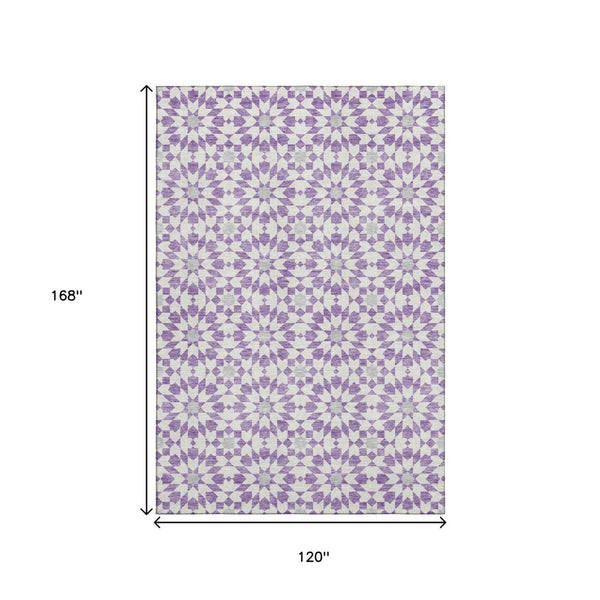 HomeRoots 10' X 14' Stylish Lavender & Ivory Geometric Area Rug - Washable, UV Protected, Stain Resistant Comfort 662031