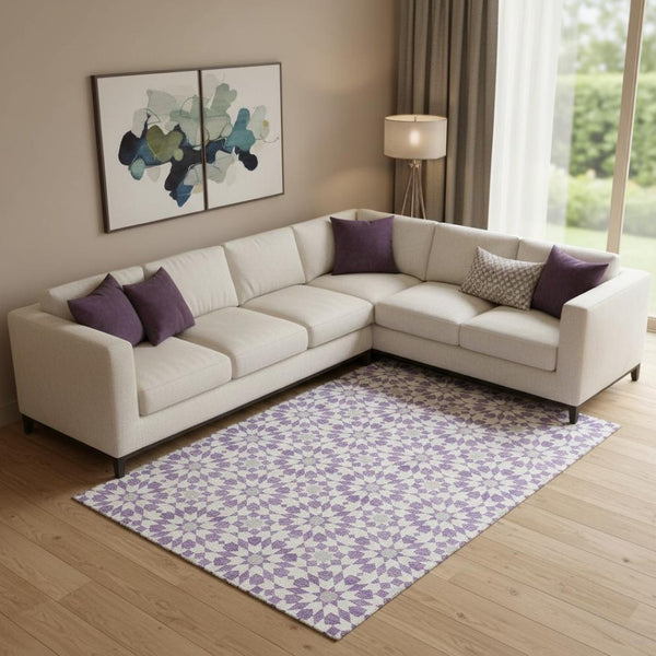 HomeRoots 10' X 14' Stylish Lavender & Ivory Geometric Area Rug - Washable, UV Protected, Stain Resistant Comfort 662031