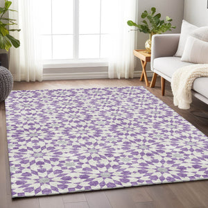 HomeRoots 10' X 14' Stylish Lavender & Ivory Geometric Area Rug - Washable, UV Protected, Stain Resistant Comfort 662031