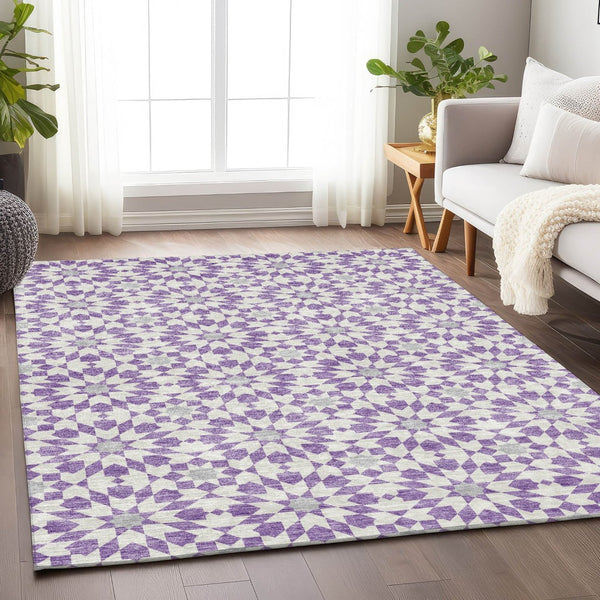 HomeRoots 10' X 14' Stylish Lavender & Ivory Geometric Area Rug - Washable, UV Protected, Stain Resistant Comfort 662031