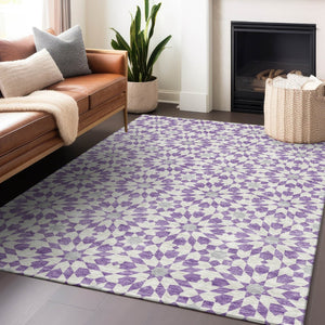 HomeRoots 10' X 14' Stylish Lavender & Ivory Geometric Area Rug - Washable, UV Protected, Stain Resistant Comfort 662031