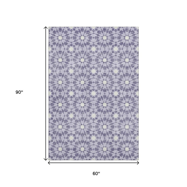 HomeRoots 5' X 8' Lilac and Ivory Geometric Area Rug - Stylish, Washable, UV-Protected for High-Traffic Areas 662033