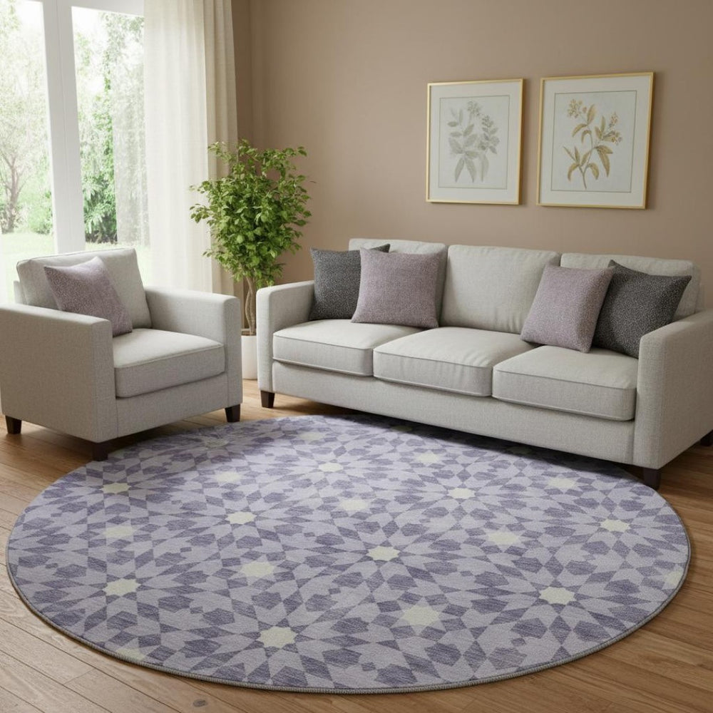 HomeRoots 8' Lilac and Ivory Geometric Round Rug - Stylish, Washable, UV-Protected, Perfect for High-Traffic Areas 662034