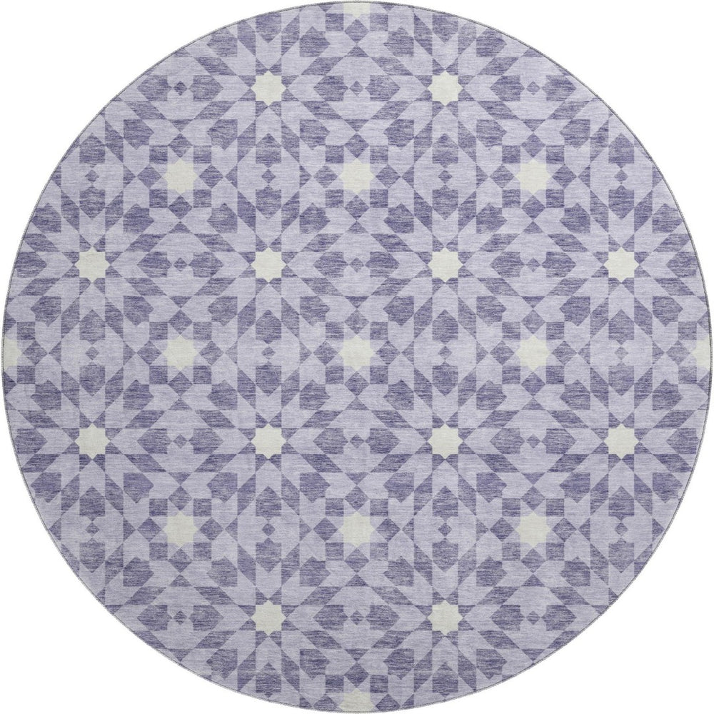 HomeRoots 8' Lilac and Ivory Geometric Round Rug - Stylish, Washable, UV-Protected, Perfect for High-Traffic Areas 662034