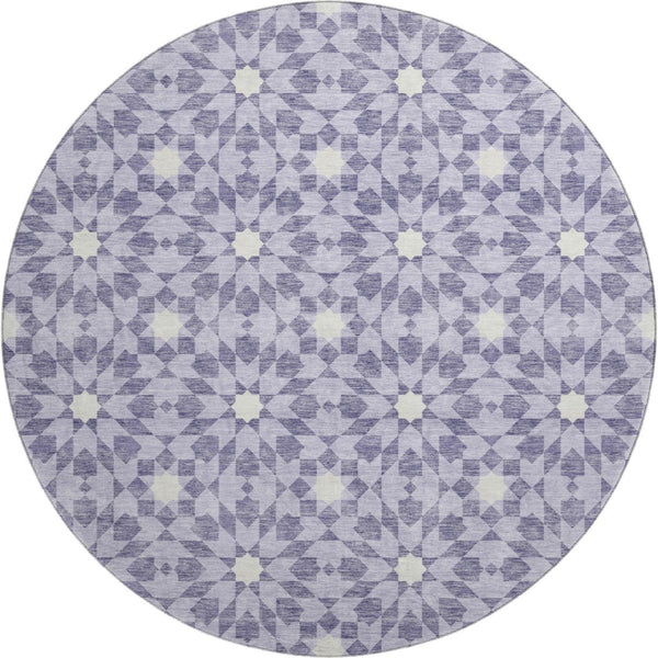 HomeRoots 8' Lilac and Ivory Geometric Round Rug - Stylish, Washable, UV-Protected, Perfect for High-Traffic Areas 662034