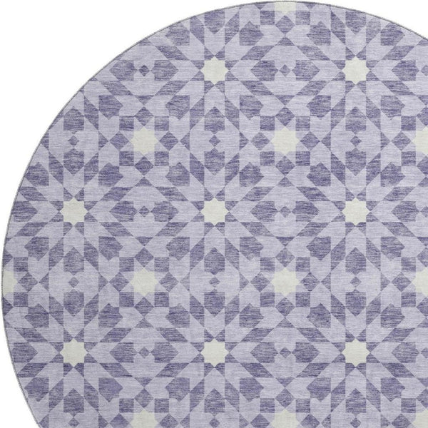 HomeRoots 8' Lilac and Ivory Geometric Round Rug - Stylish, Washable, UV-Protected, Perfect for High-Traffic Areas 662034