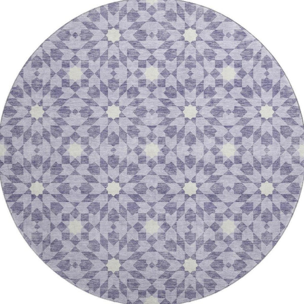 HomeRoots 8' Lilac and Ivory Geometric Round Rug - Stylish, Washable, UV-Protected, Perfect for High-Traffic Areas 662034