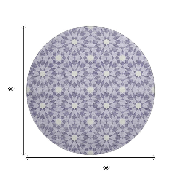 HomeRoots 8' Lilac and Ivory Geometric Round Rug - Stylish, Washable, UV-Protected, Perfect for High-Traffic Areas 662034