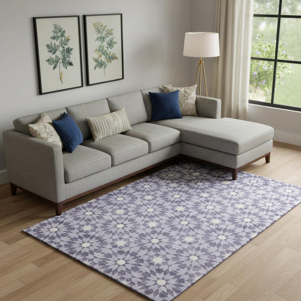 HomeRoots 9' X 12' Lilac & Ivory Geometric Area Rug - Washable, UV-Protected, Stylish for Modern Homes 662036