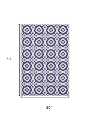 HomeRoots 5' X 8' Stylish Navy Blue Geometric Area Rug - Washable, UV Protected, Perfect for Family Spaces! 662045