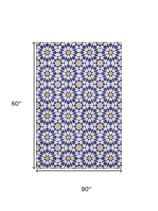HomeRoots 5' X 8' Stylish Navy Blue Geometric Area Rug - Washable, UV Protected, Perfect for Family Spaces! 662045
