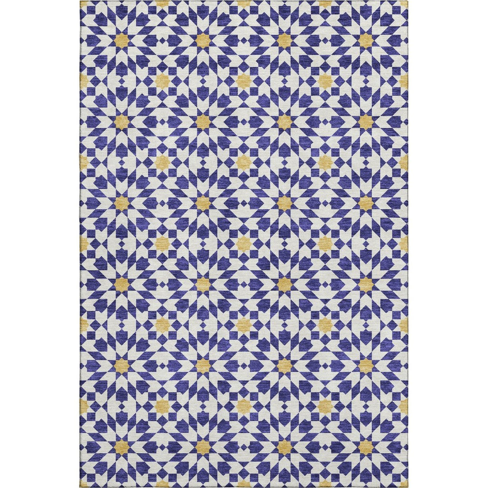 HomeRoots 5' X 8' Stylish Navy Blue Geometric Area Rug - Washable, UV Protected, Perfect for Family Spaces! 662045