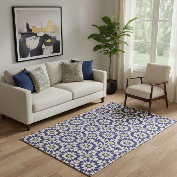 HomeRoots 5' X 8' Stylish Navy Blue Geometric Area Rug - Washable, UV Protected, Perfect for Family Spaces! 662045