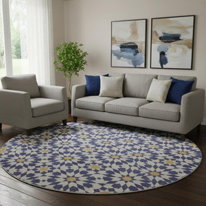 HomeRoots 8' Navy Blue Ivory Gold Geometric Round Rug - Washable, UV Protected, Stylish & Durable for Homes 662046