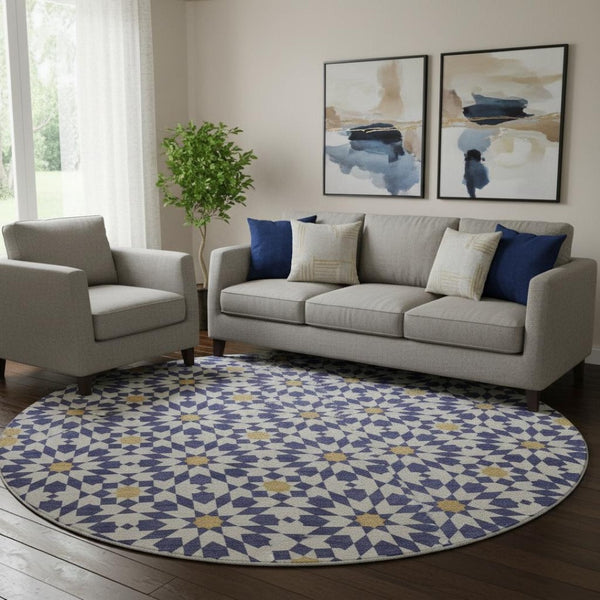 HomeRoots 8' Navy Blue Ivory Gold Geometric Round Rug - Washable, UV Protected, Stylish & Durable for Homes 662046