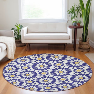 HomeRoots 8' Navy Blue Ivory Gold Geometric Round Rug - Washable, UV Protected, Stylish & Durable for Homes 662046