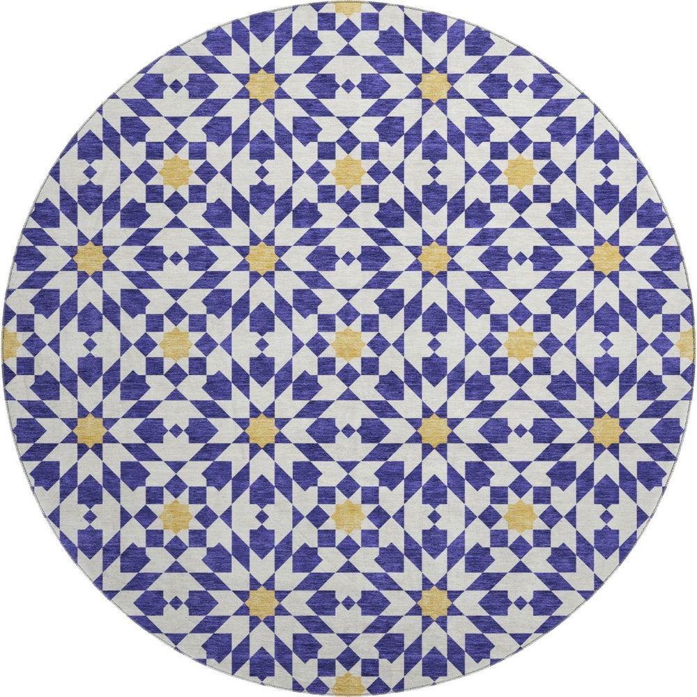 HomeRoots 8' Navy Blue Ivory Gold Geometric Round Rug - Washable, UV Protected, Stylish & Durable for Homes 662046