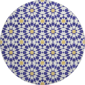 HomeRoots 8' Navy Blue Ivory Gold Geometric Round Rug - Washable, UV Protected, Stylish & Durable for Homes 662046