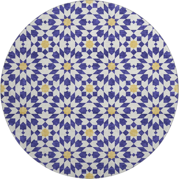 HomeRoots 8' Navy Blue Ivory Gold Geometric Round Rug - Washable, UV Protected, Stylish & Durable for Homes 662046