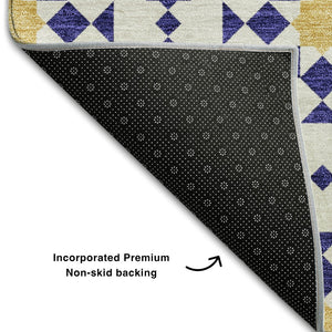 HomeRoots 8' Navy Blue Ivory Gold Geometric Round Rug - Washable, UV Protected, Stylish & Durable for Homes 662046