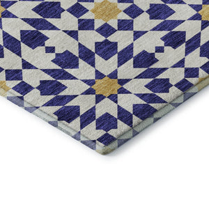 HomeRoots 8' Navy Blue Ivory Gold Geometric Round Rug - Washable, UV Protected, Stylish & Durable for Homes 662046