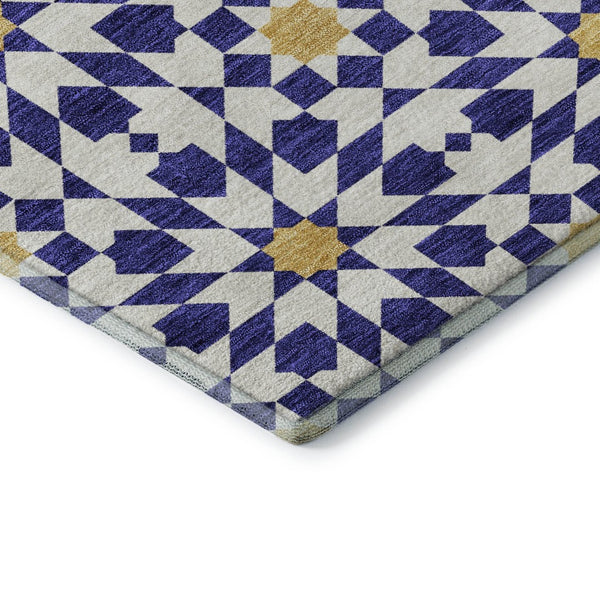 HomeRoots 8' Navy Blue Ivory Gold Geometric Round Rug - Washable, UV Protected, Stylish & Durable for Homes 662046