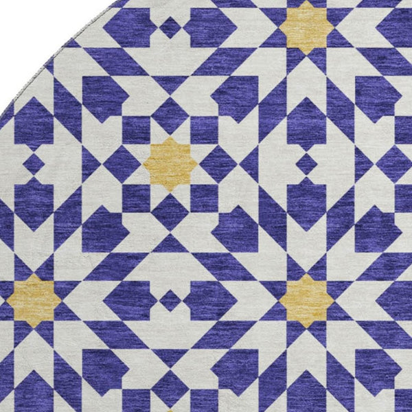 HomeRoots 8' Navy Blue Ivory Gold Geometric Round Rug - Washable, UV Protected, Stylish & Durable for Homes 662046